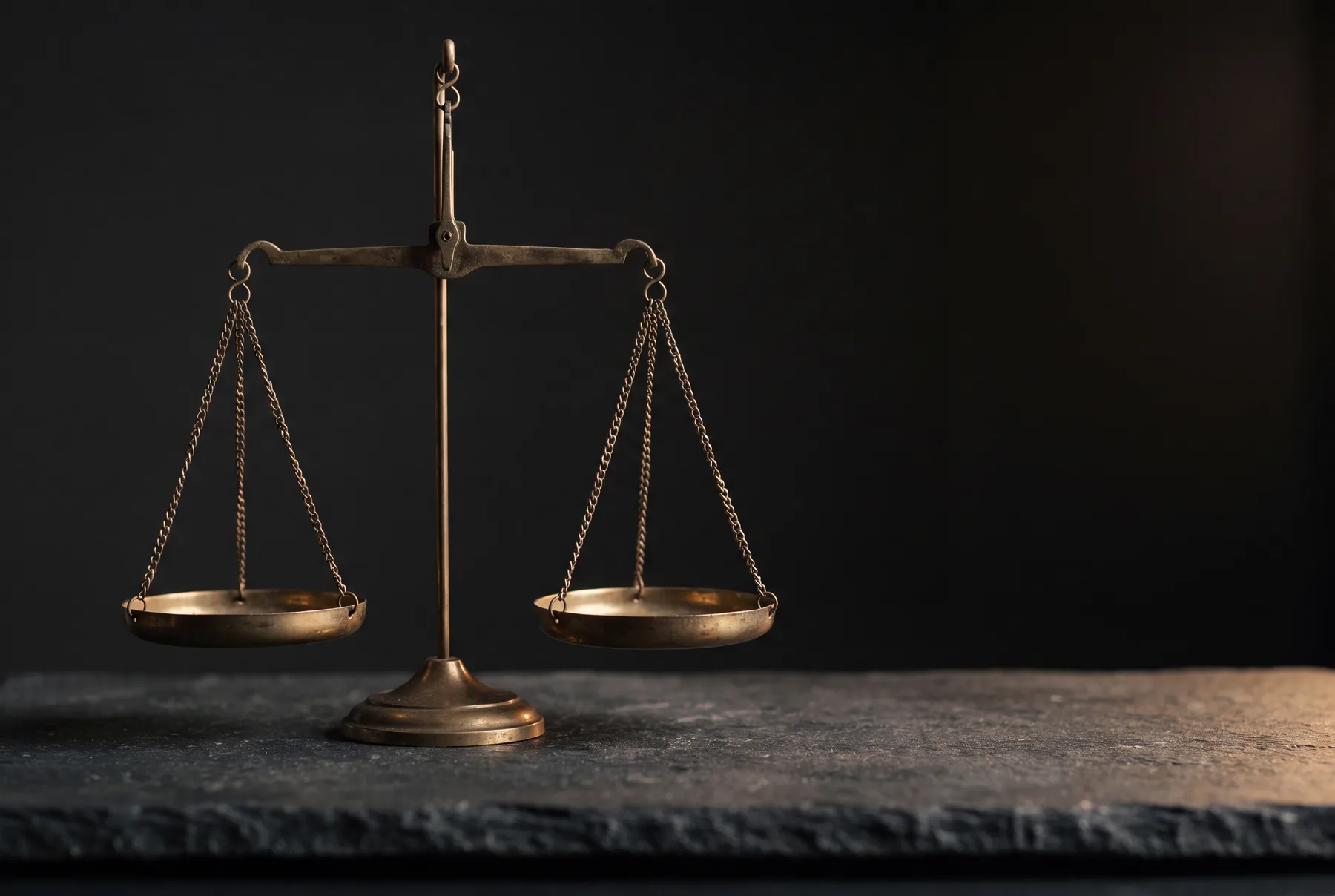 An antique brass balance scale in perfect equilibrium on a dark surface
