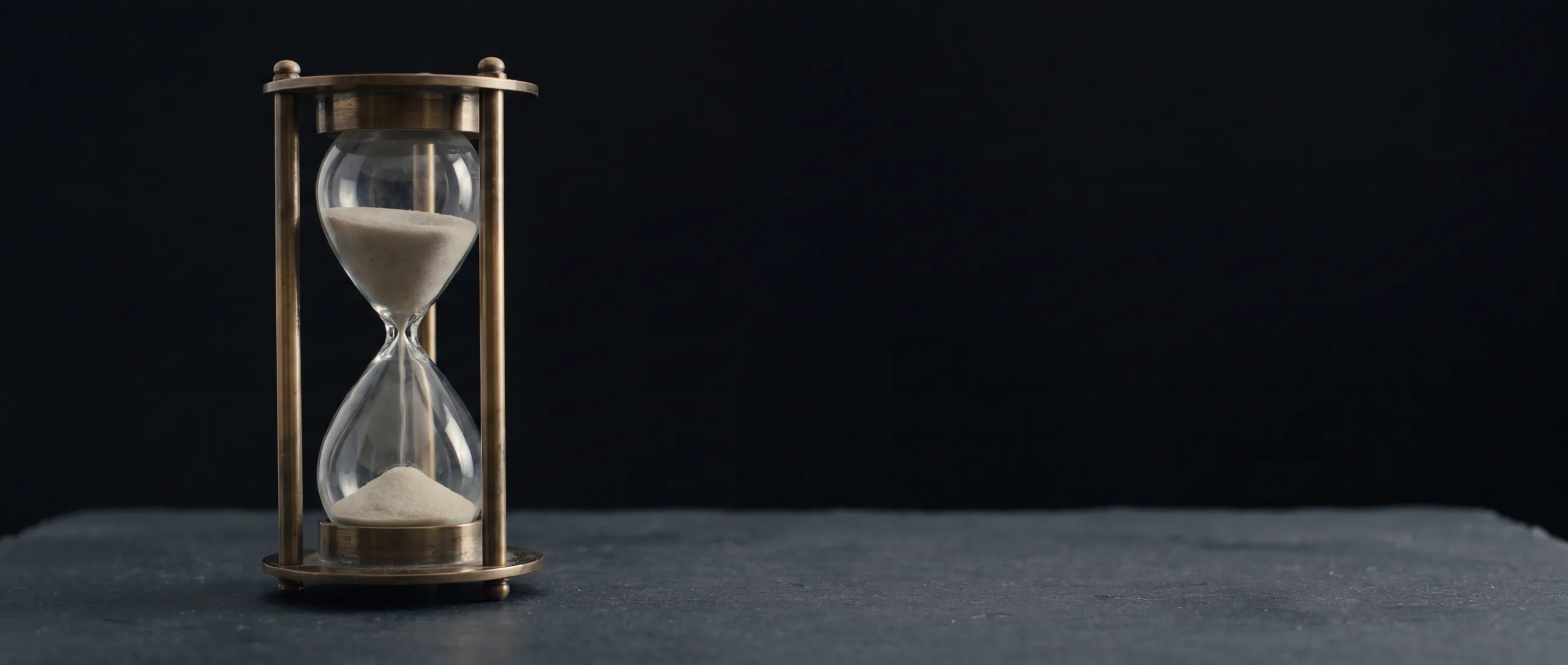 A brass hourglass on dark slate, sand mid-fall