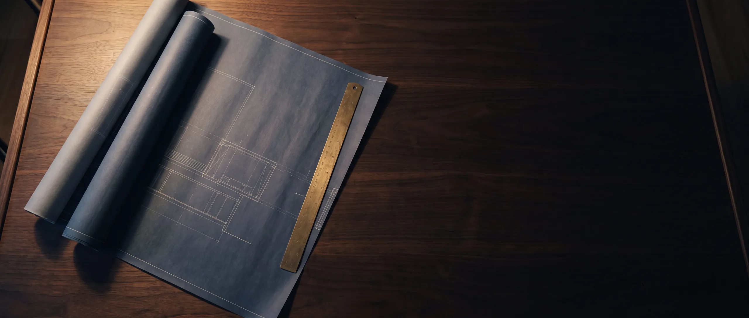 Architectural blueprints and a brass ruler on a dark drafting desk