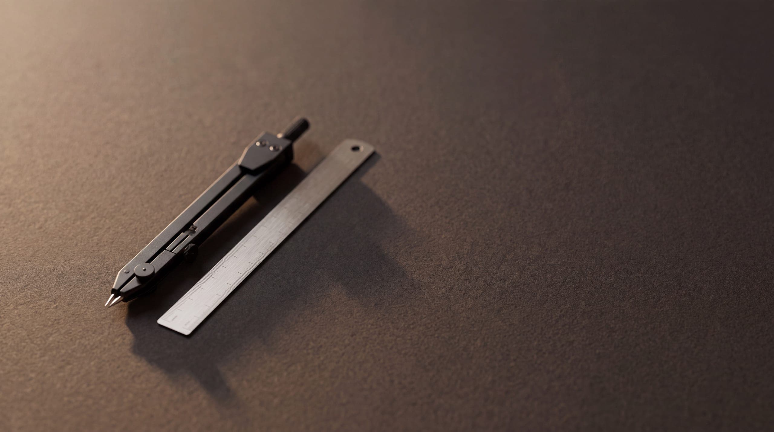 A drafting compass and steel rule on dark paper — precision instruments, like the Black-Scholes engine behind the options builder