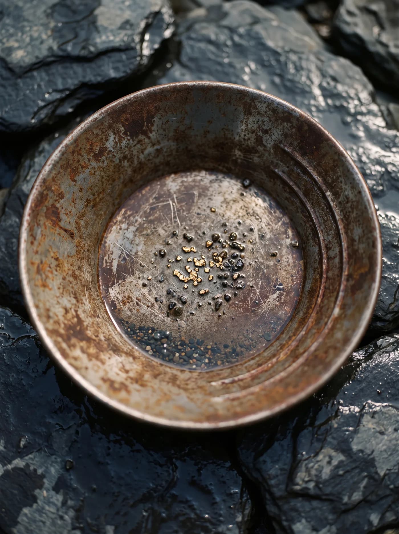 A prospector’s pan on wet slate with a few flakes of gold gathered at its center